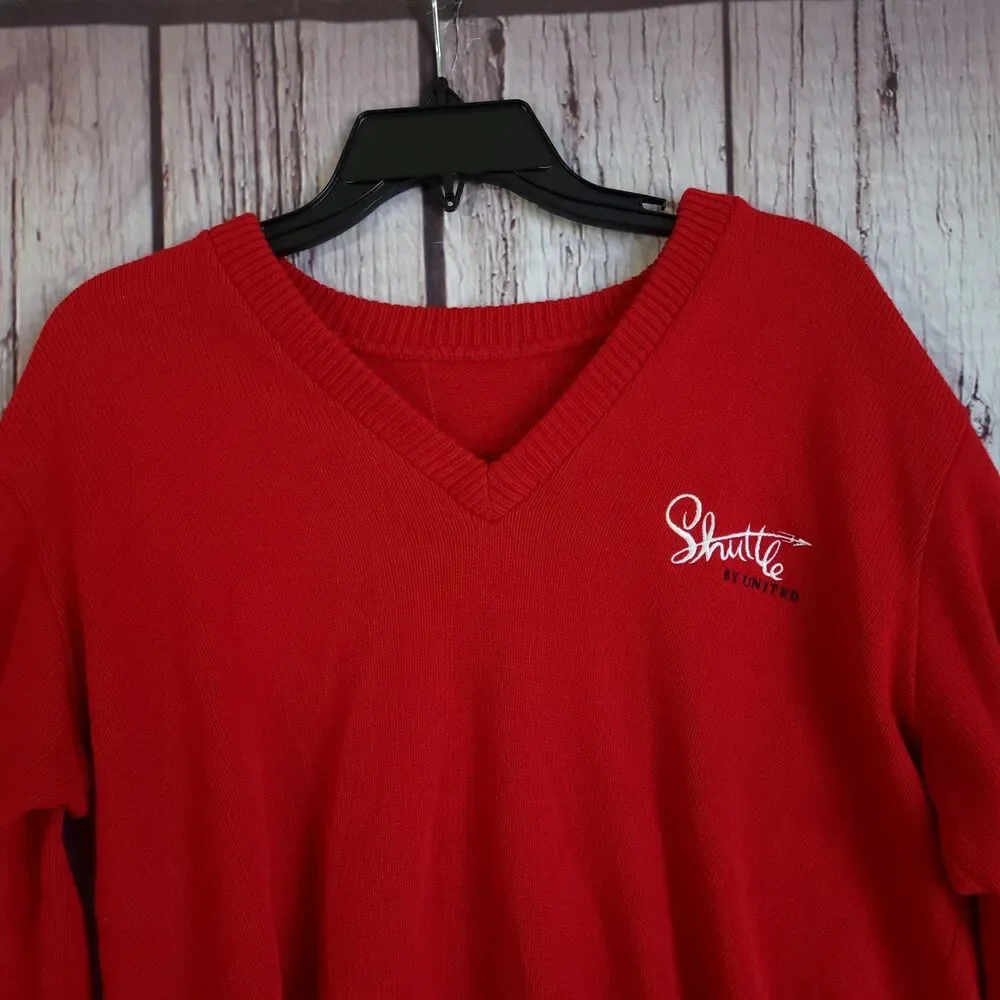 Shuttle United Vintage 90s Airline Sweater Mens Medium V-Neck Red Cotton Knit